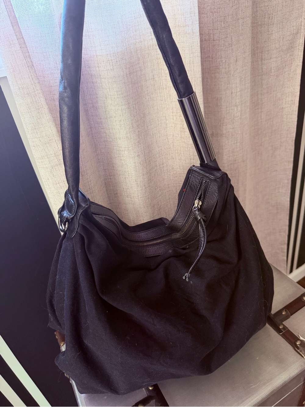 Everyday Black Slouch Shoulder Bag with Zip Accent